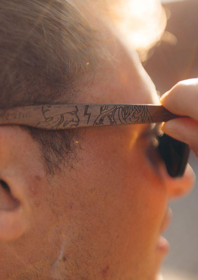 Close up on the really nice viking patterns. Unique wooden sunglasses from Sweden.
