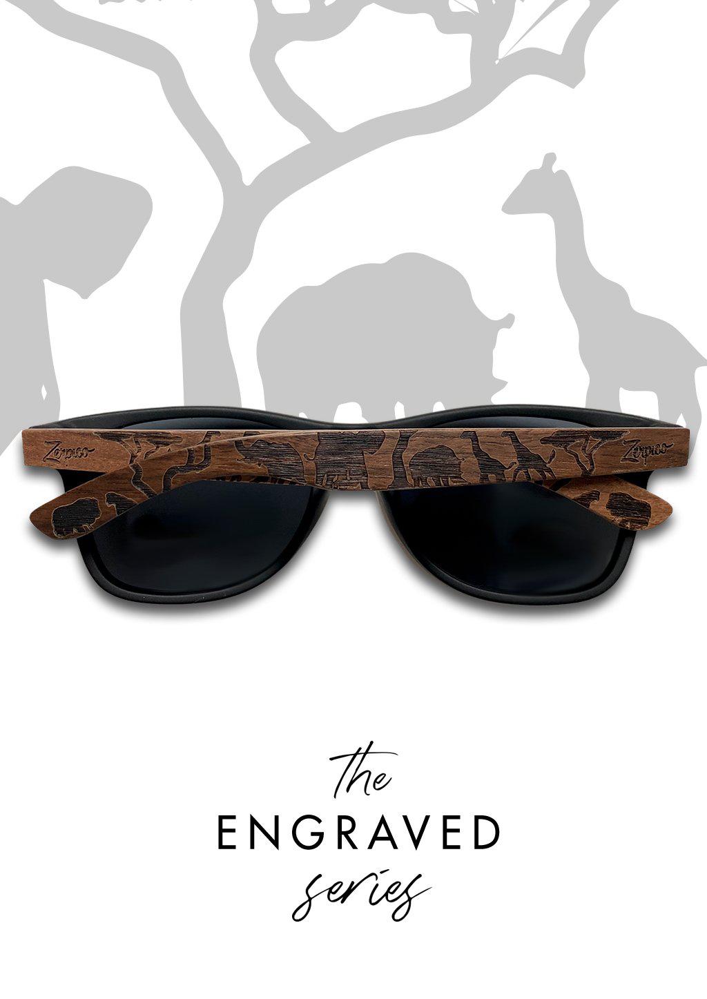 Engraved wooden sunglasses Inspired by the open plains and animals of the African savanna.