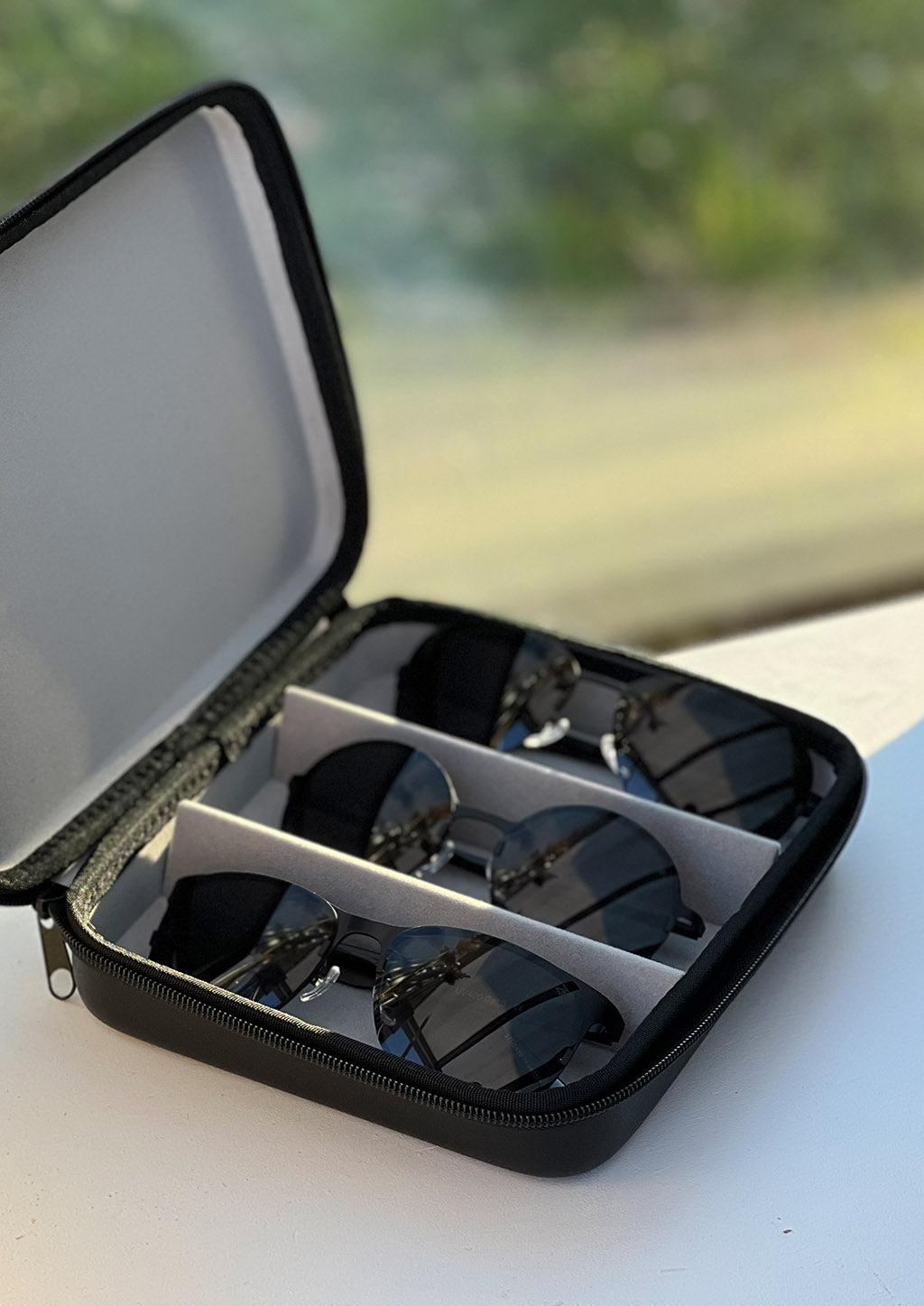 Vegan sunglasses travel case with room for 3 pair of sunglasses.