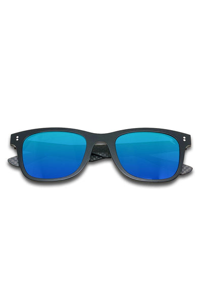 Hybrid - Atom, carbon fiber and acetate sunglasses of the highest quality. Front in black with blue lenses.