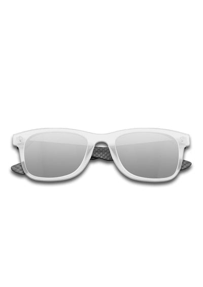 Hybrid - Atom, carbon fiber and acetate sunglasses of the highest quality. Transparent frame with silver mirror lenses.