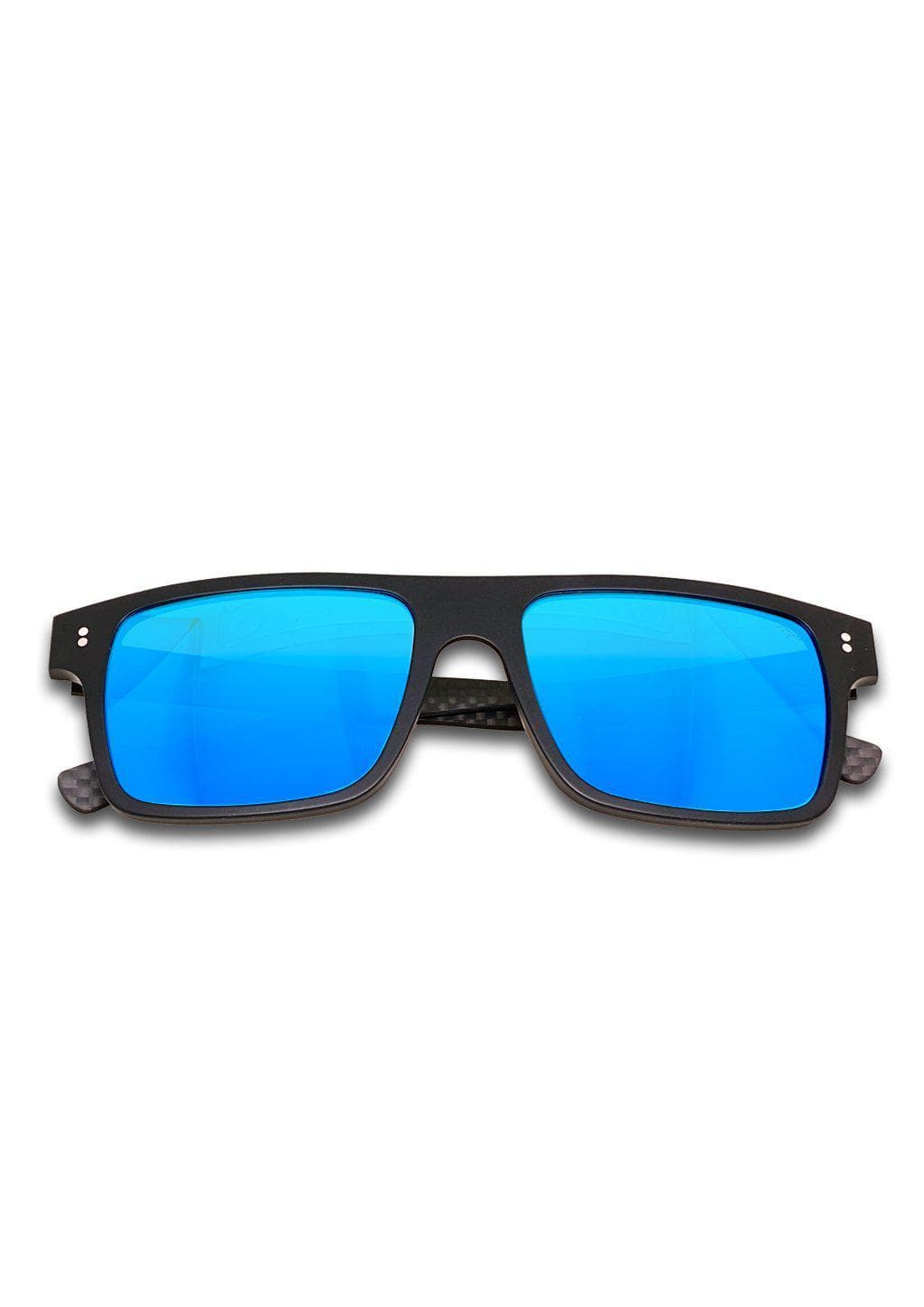 Hybrid - Cubic, carbon fiber and acetate sunglasses of the highest quality. Black frame and blue mirror lenses.