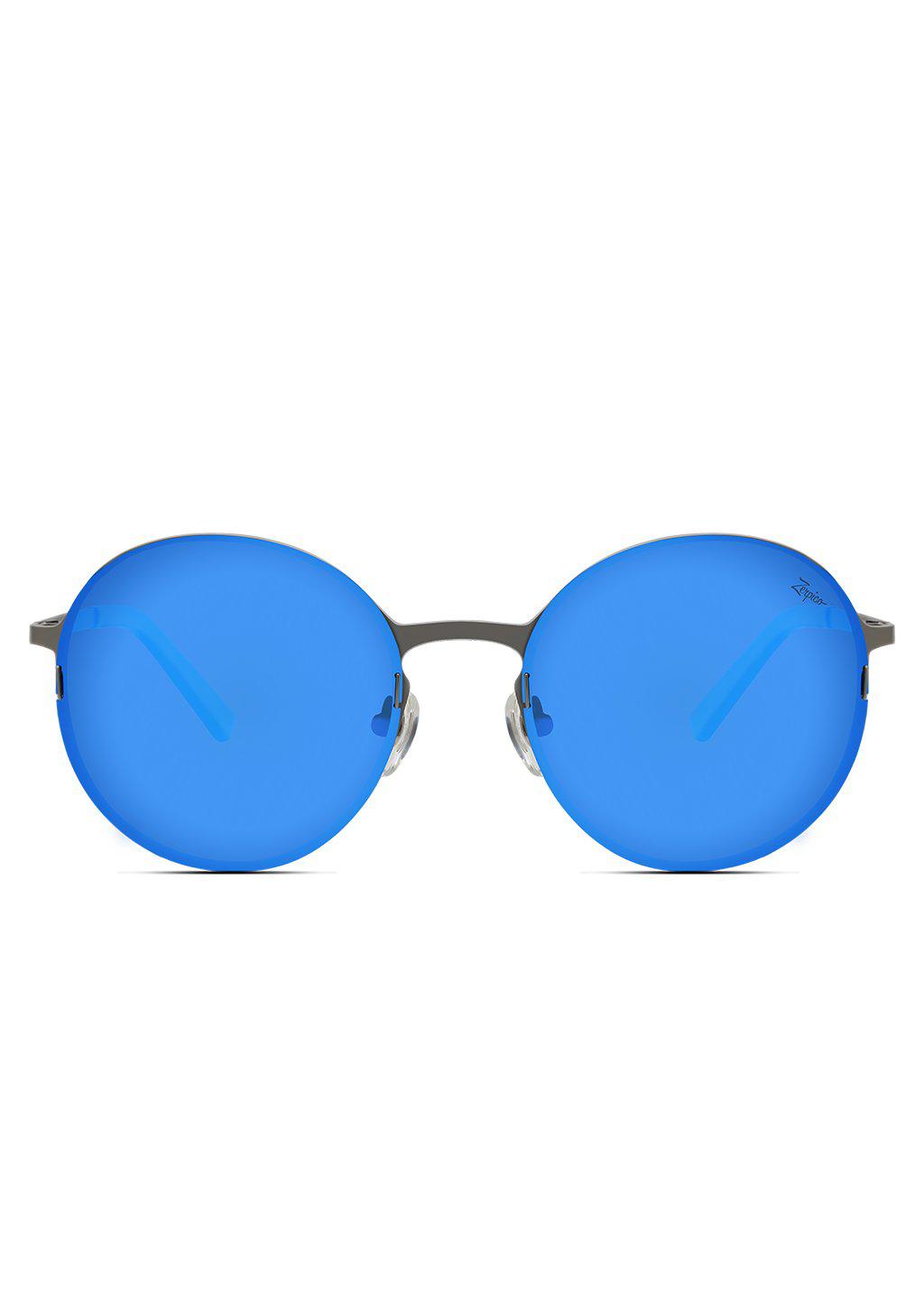 Titan - Titanium Round Sunglasses V2 - Front photo taken in studio of our gun metal version with blue lenses.
