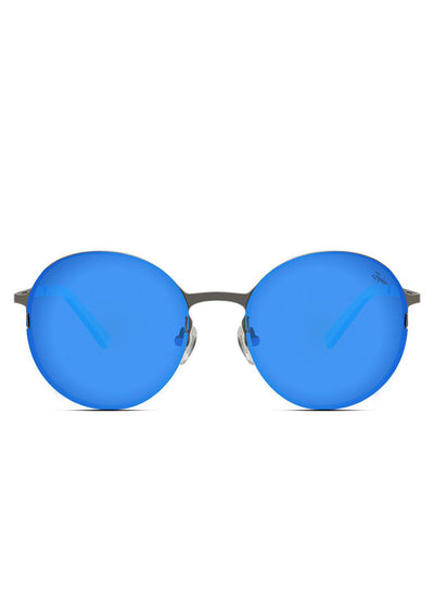 Titan - Titanium Round Sunglasses V2 - Front photo taken in studio of our gun metal version with blue lenses.