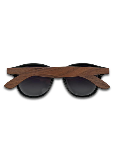 Our handmade Eyewood ReInvented Wooden and Acetate Sunglasses. This is our round style. Studio photo from the back.