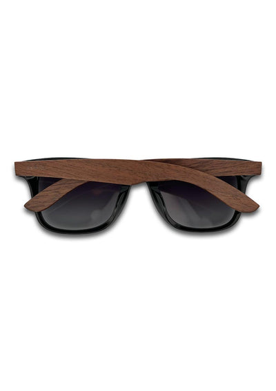 Our handmade Eyewood ReInvented Wooden and Acetate Sunglasses. This is our wayfarer style. Studio photo from the back.