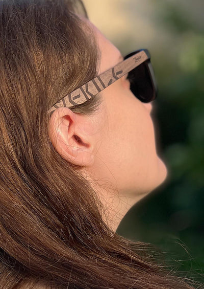 This is our special edition sunglasses Viking runes Swedish version.  Photo taken on Swedish model.