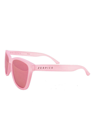 Our Mood V2 is an improved version of our last wayfarers. Plastic body for great quality and durabilty. This is Flamingo with a pink transparent frame and pink mirror lenses. Studio shoot from the side.
