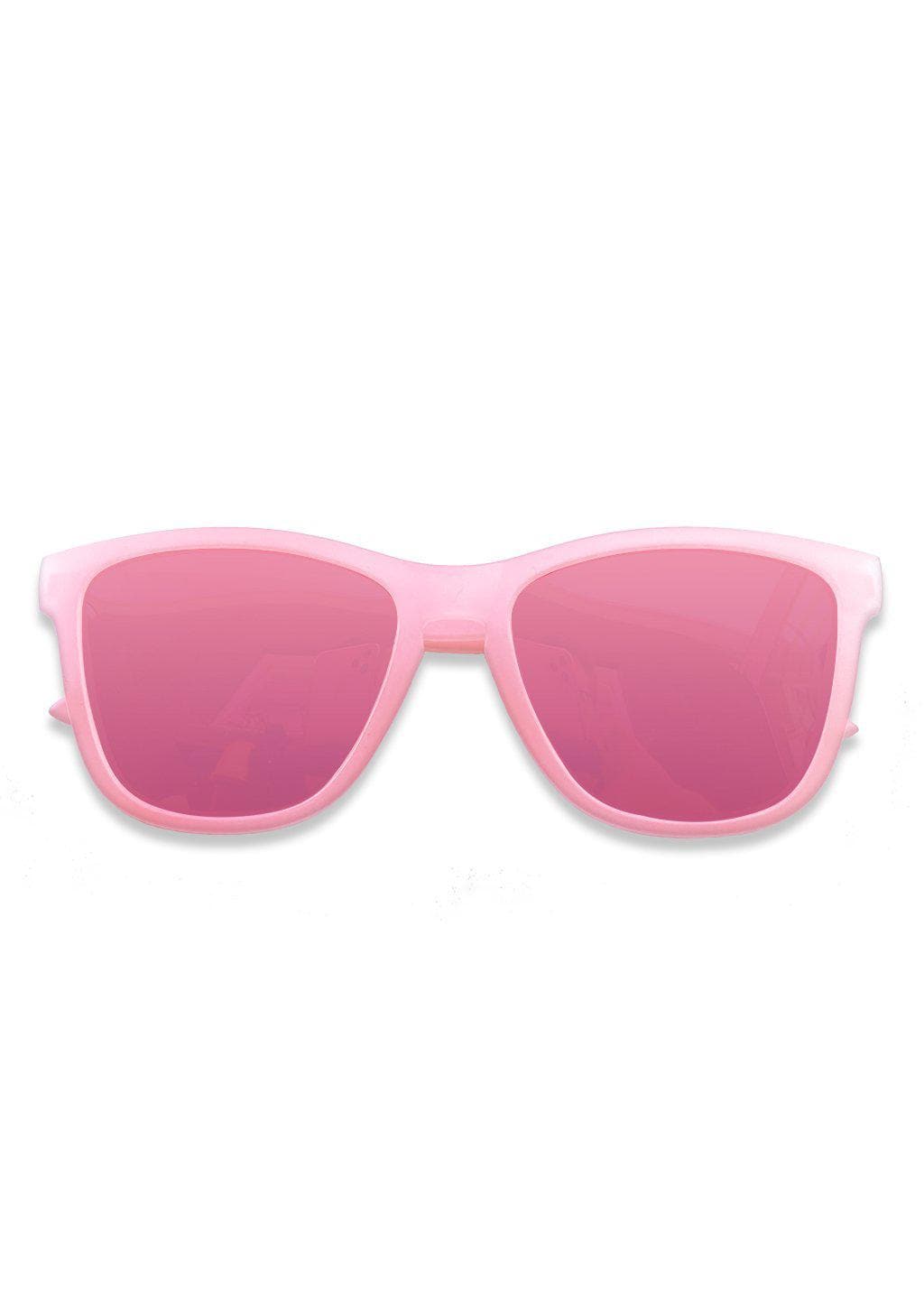 Our Mood V2 is an improved version of our last wayfarers. Plastic body for great quality and durabilty. This is Flamingo with a pink transparent frame and pink mirror lenses. From the front.
