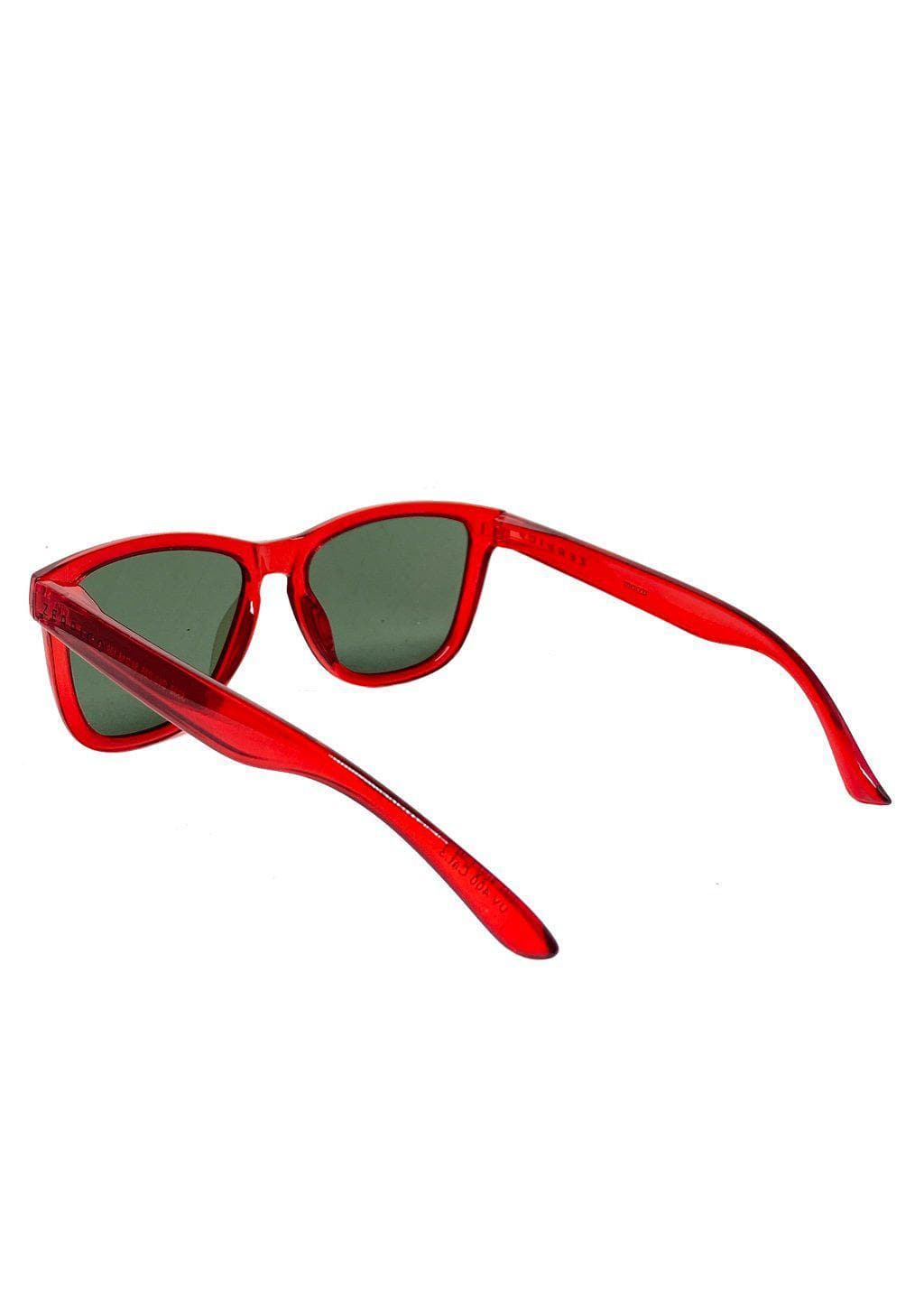 Our Mood V2 is an improved version of our last wayfarers. Plastic body for great quality and durabilty. This is Deco with a red transparent frame and light green lenses. Studio shoot from the back.