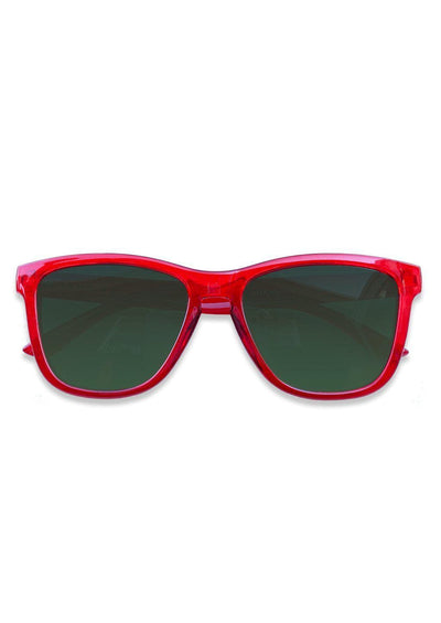 Our Mood V2 is an improved version of our last wayfarers. Plastic body for great quality and durabilty. This is Deco with a red transparent frame and light green lenses. From the front.