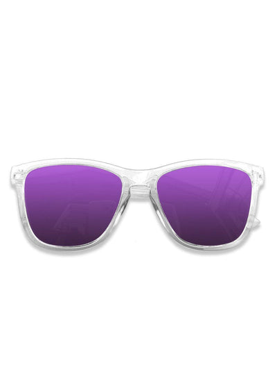 Our Mood V2 is an improved version of our last wayfarers. Plastic body for great quality and durabilty. This is Lucid with transparent frame and purple mirror lenses. From the front.