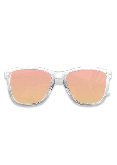 Our Mood V2 is an improved version of our last wayfarers. Plastic body for great quality and durabilty. This is Firefly with a transparent frame and rosé mirror lenses. From the front.