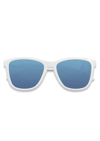 Our Mood V2 is an improved version of our last wayfarers. Plastic body for great quality and durabilty. This is Husky with white frame and blue lenses. From the front.