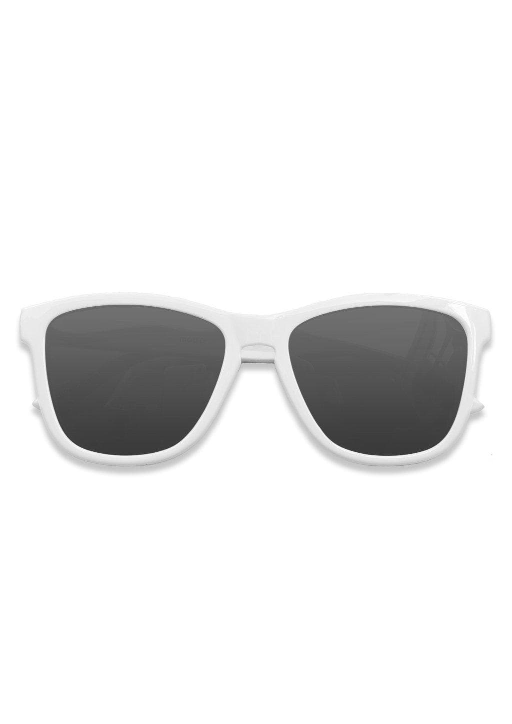 Our Mood V2 is an improved version of our last wayfarers. Plastic body for great quality and durabilty. This is Ace with white frame and black lenses. From the front.