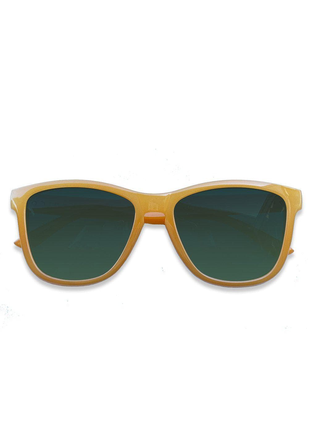 Our Mood V2 is an improved version of our last wayfarers. Plastic body for great quality and durabilty. This is Lemon with yellow frame and green lenses. From the front.