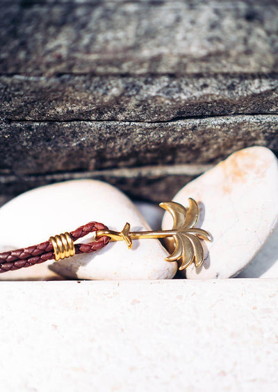 Sunrise Gold - Palm anchor bracelet with brown leather. Outdoor shoot in the summer time.