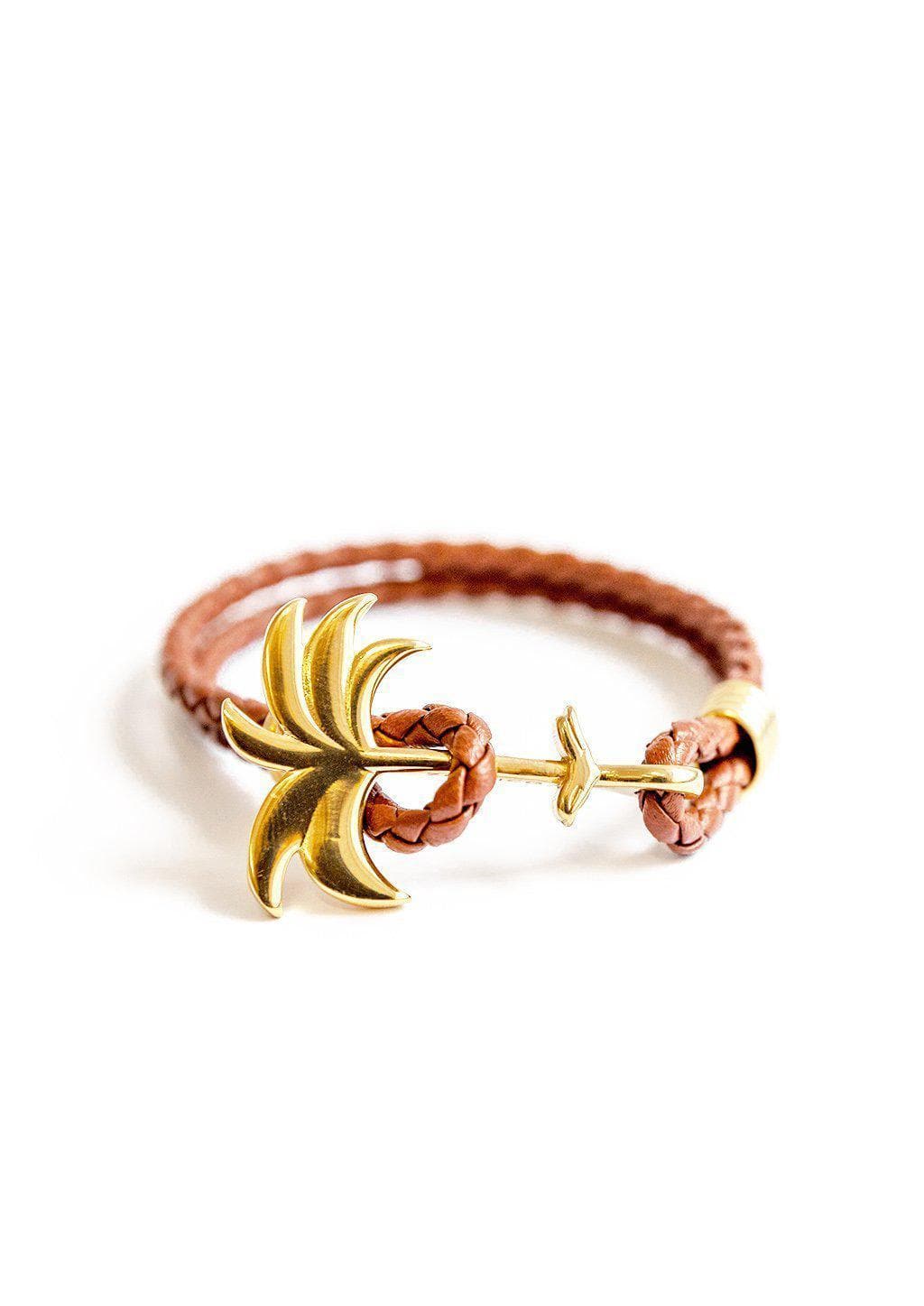 Sunrise Gold - Palm anchor bracelet with brown leather. 
