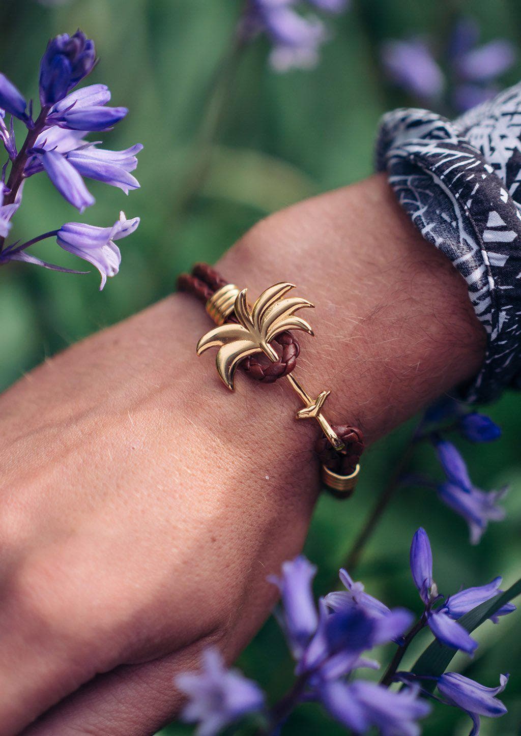 Sunrise Gold - Palm anchor bracelet with brown leather. On models wrist.