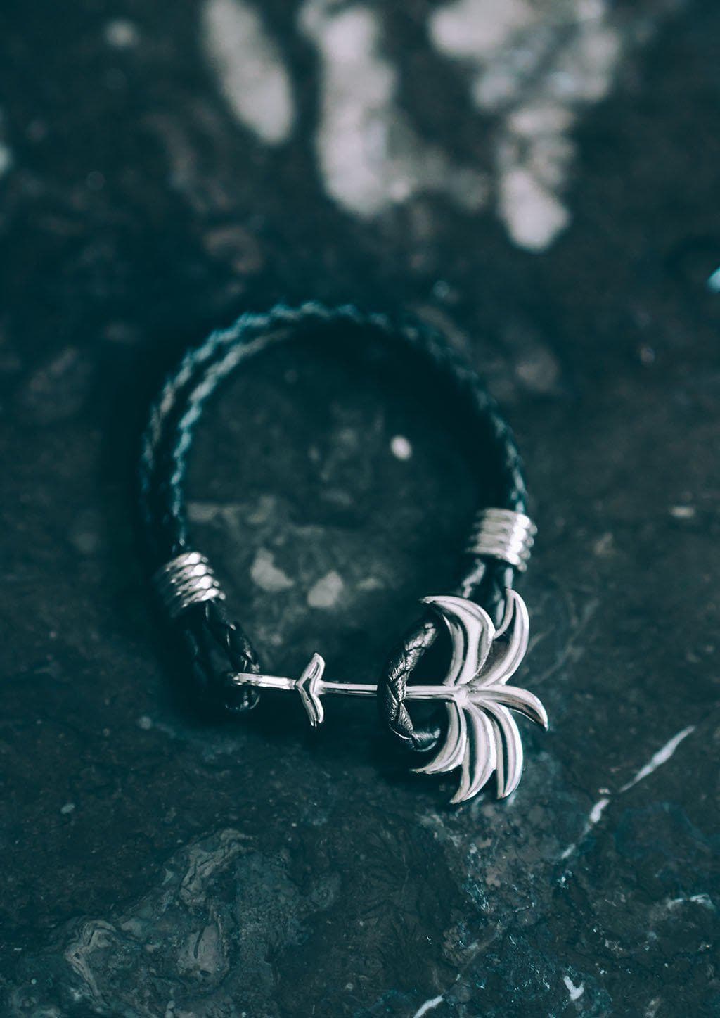 Twilight Silver - Palm anchor bracelet with black leather. Outdoor shoot.