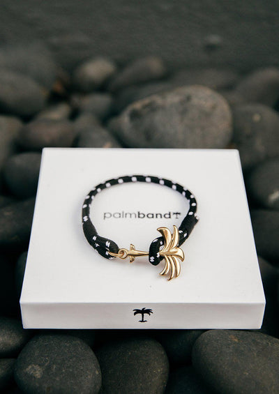 Trophy - Single - Season two Palm anchor bracelet with black and white nylon band. Close up on box.