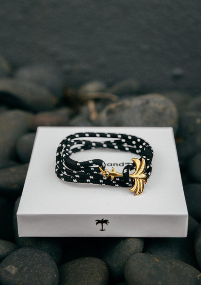 Trophy - Triple - Season two Palm anchor bracelet with black and white nylon band. Close up on box.