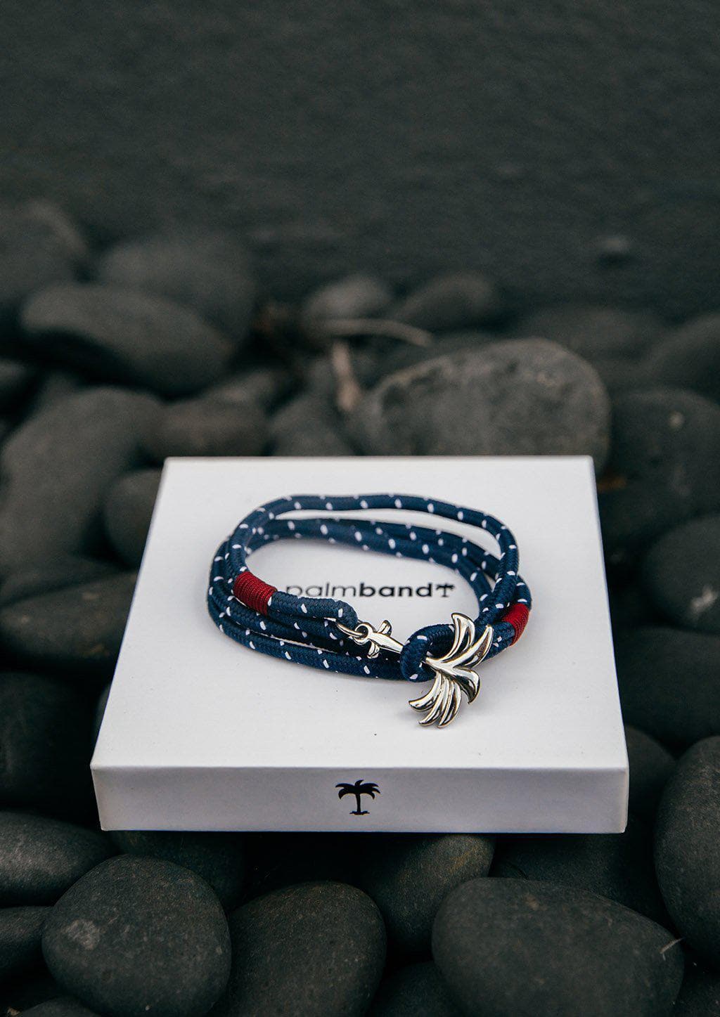 Voyager - Triple - Season two Palm anchor bracelet with blue and red nylon band. Lying on box.