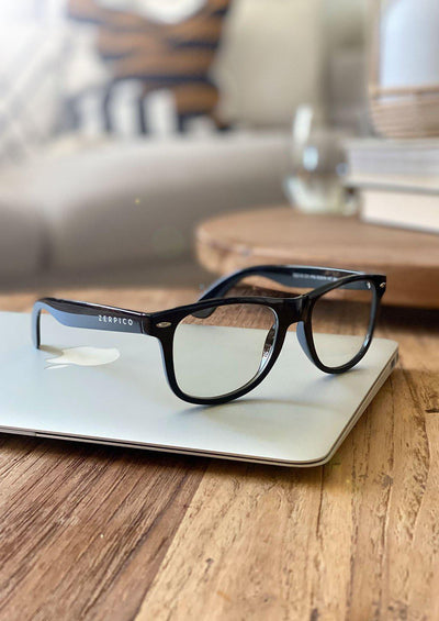 Xenon black wayfarer computer glasses with blue light blocking lenses.
