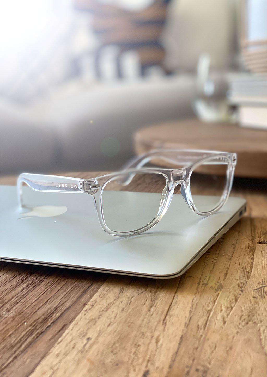 Xenon transparent wayfarer computer glasses with blue light blocking lenses.