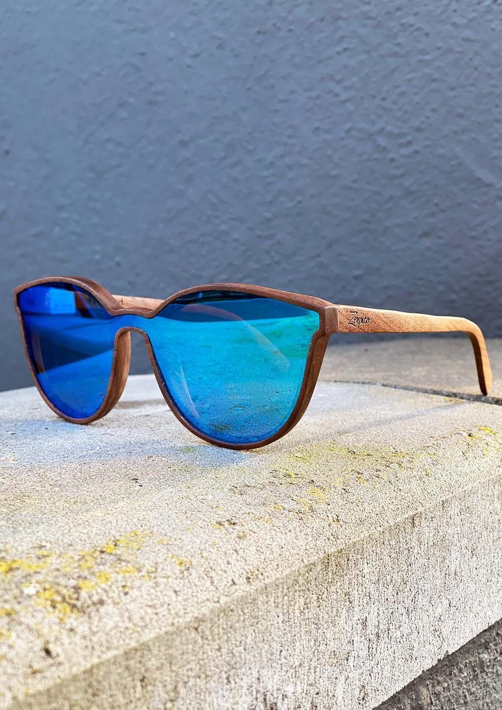 Eyewood - Savannah - All wooden sunglasses with full front blue mirror lenses.