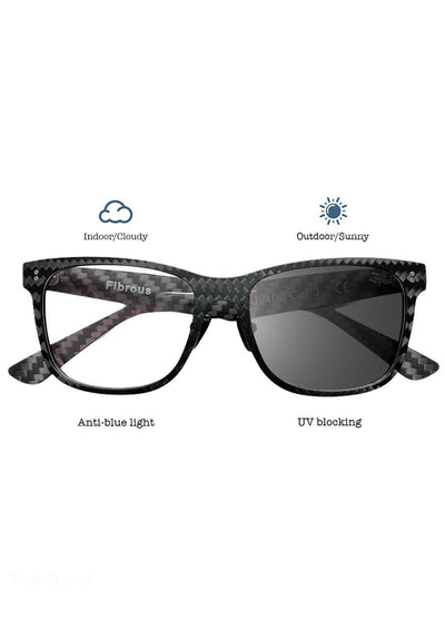 Our Anti Blue Light version of our Fibrous Carbon Fiber glasses. Perfect for gamers. Also turns dark outside.