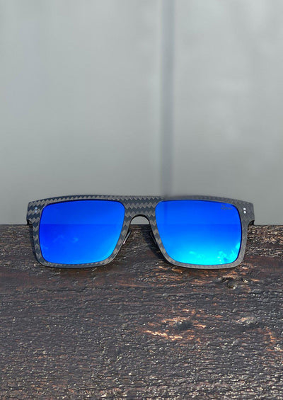 Carbon Fiber Square Sunglasses photo with blue lenses.