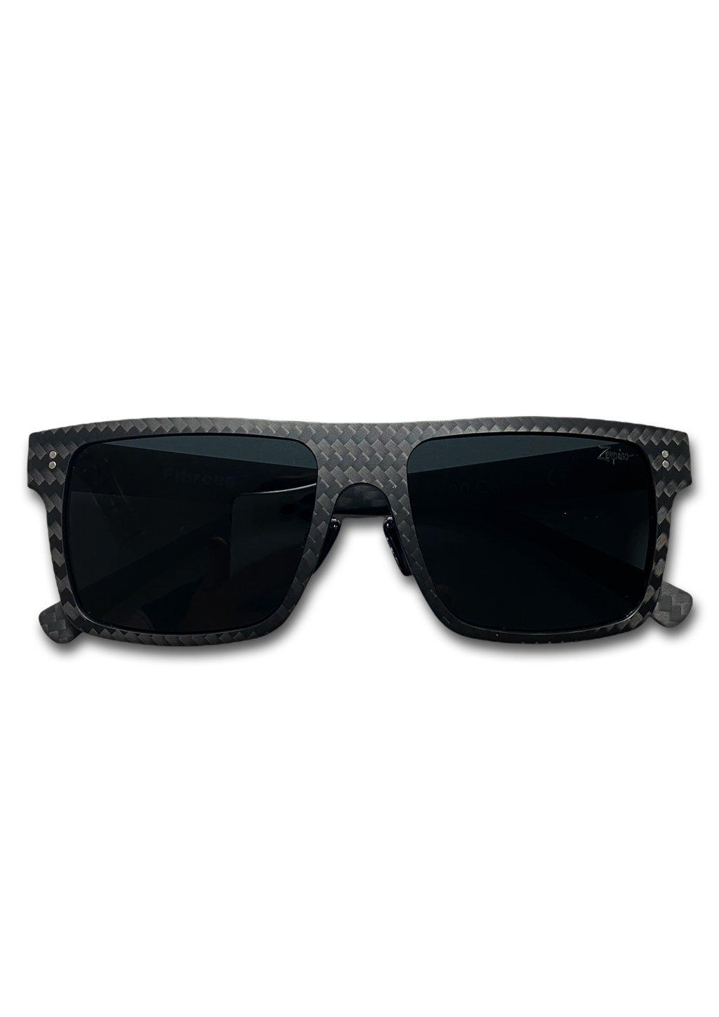 Carbon Fiber Square Sunglasses, Studio shoot with details on the front.