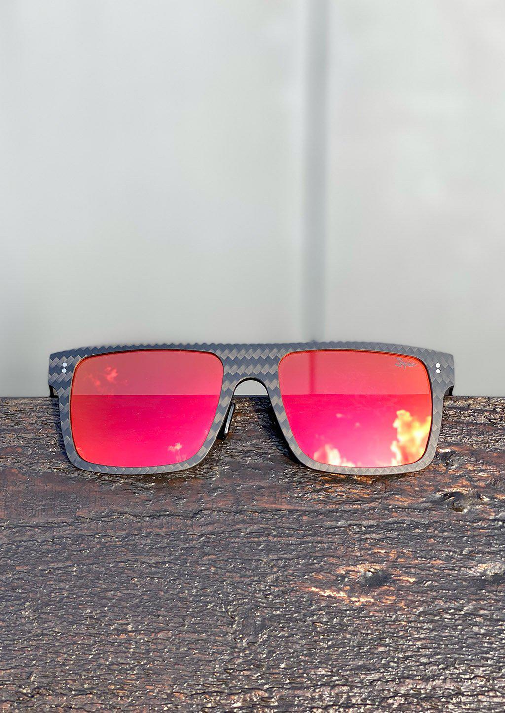 Carbon Fiber Square Sunglasses photo with red lenses.
