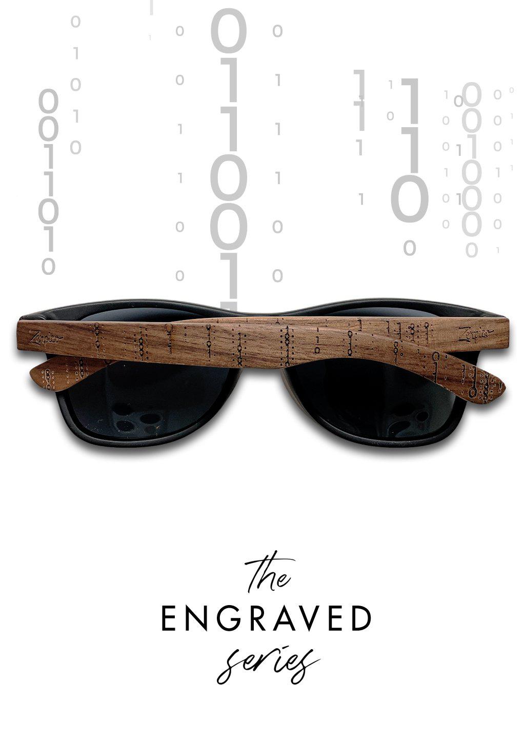 Engraved wooden sunglasses Inspired by the computers and the programing languages.