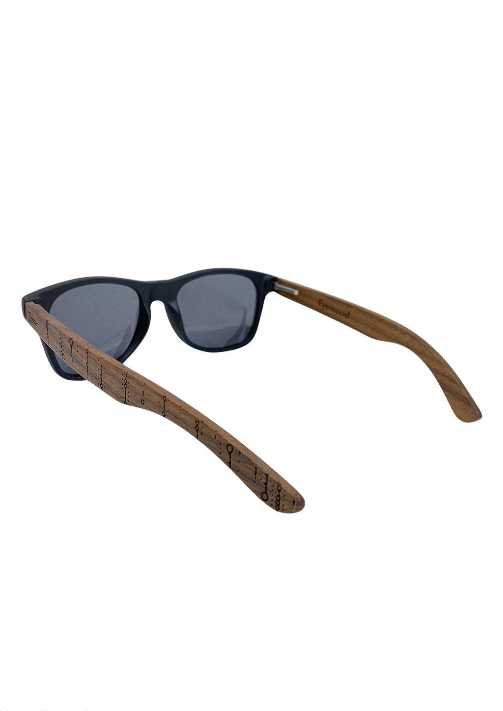 Engraved wooden sunglasses Inspired by the computers and the programing languages. Studio photo from the back.
