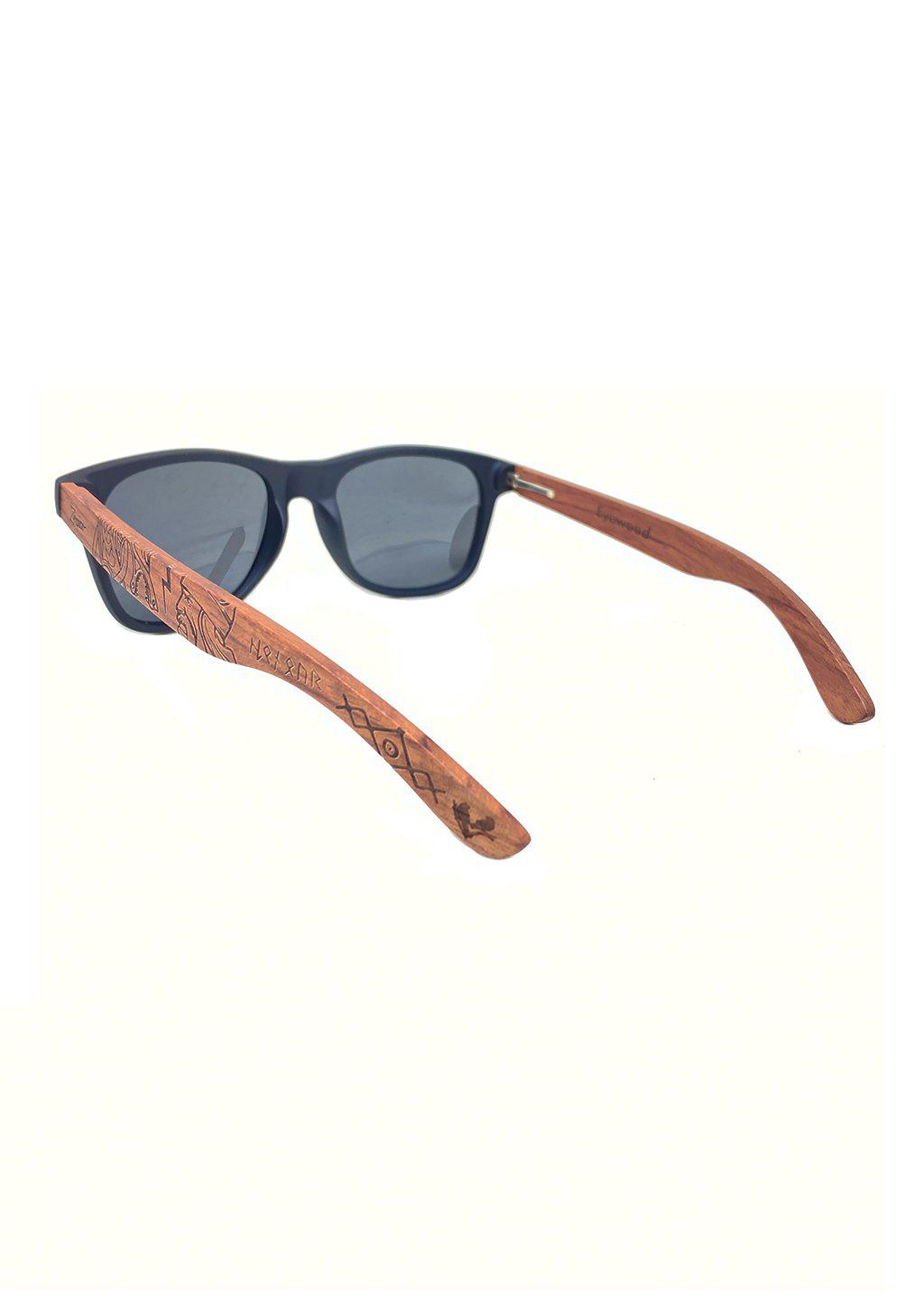 Engraved wooden sunglasses - Vikings Our model based on the Viking era and the culture. Studio photo from the back.