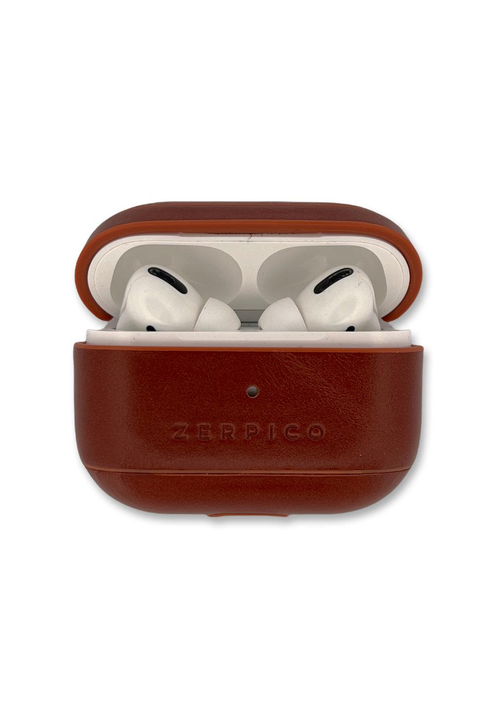Zerpico Leather Airpods case. Studio shoot showing an open case.