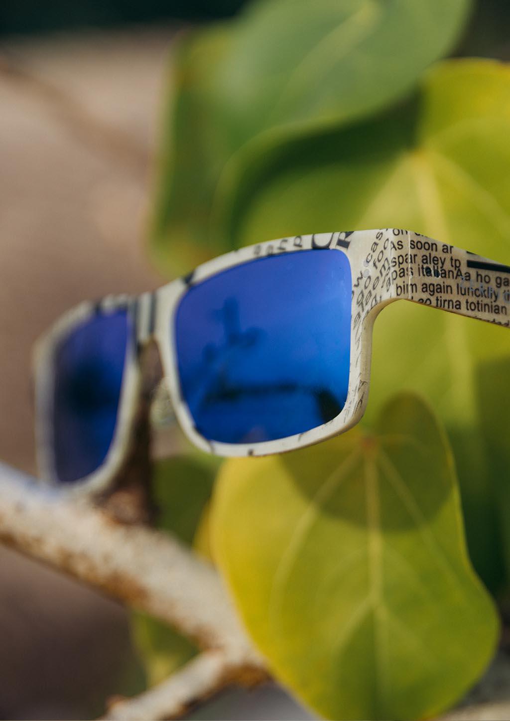 ReVision Square - Eco-Friendly Recyclable Paper Sunglasses with our raw paper frame and blue mirror lenses.