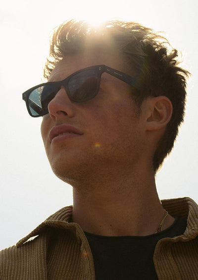 Hybrid - Atom, carbon fiber and acetate sunglasses of the highest quality. Outside on a male model.