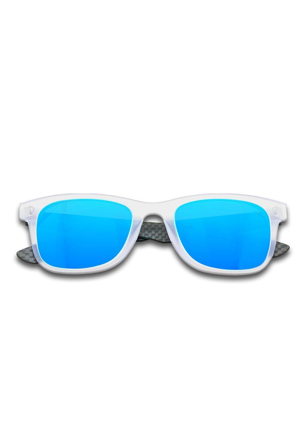 Hybrid - Atom, carbon fiber and acetate sunglasses of the highest quality. Transparent frame with blue mirror lenses.