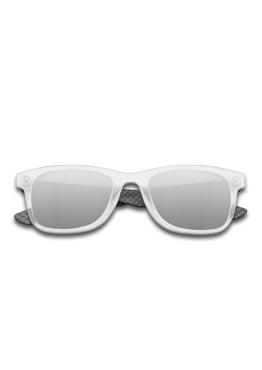 Hybrid - Atom, carbon fiber and acetate sunglasses of the highest quality. Transparent frame with silver mirror lenses.