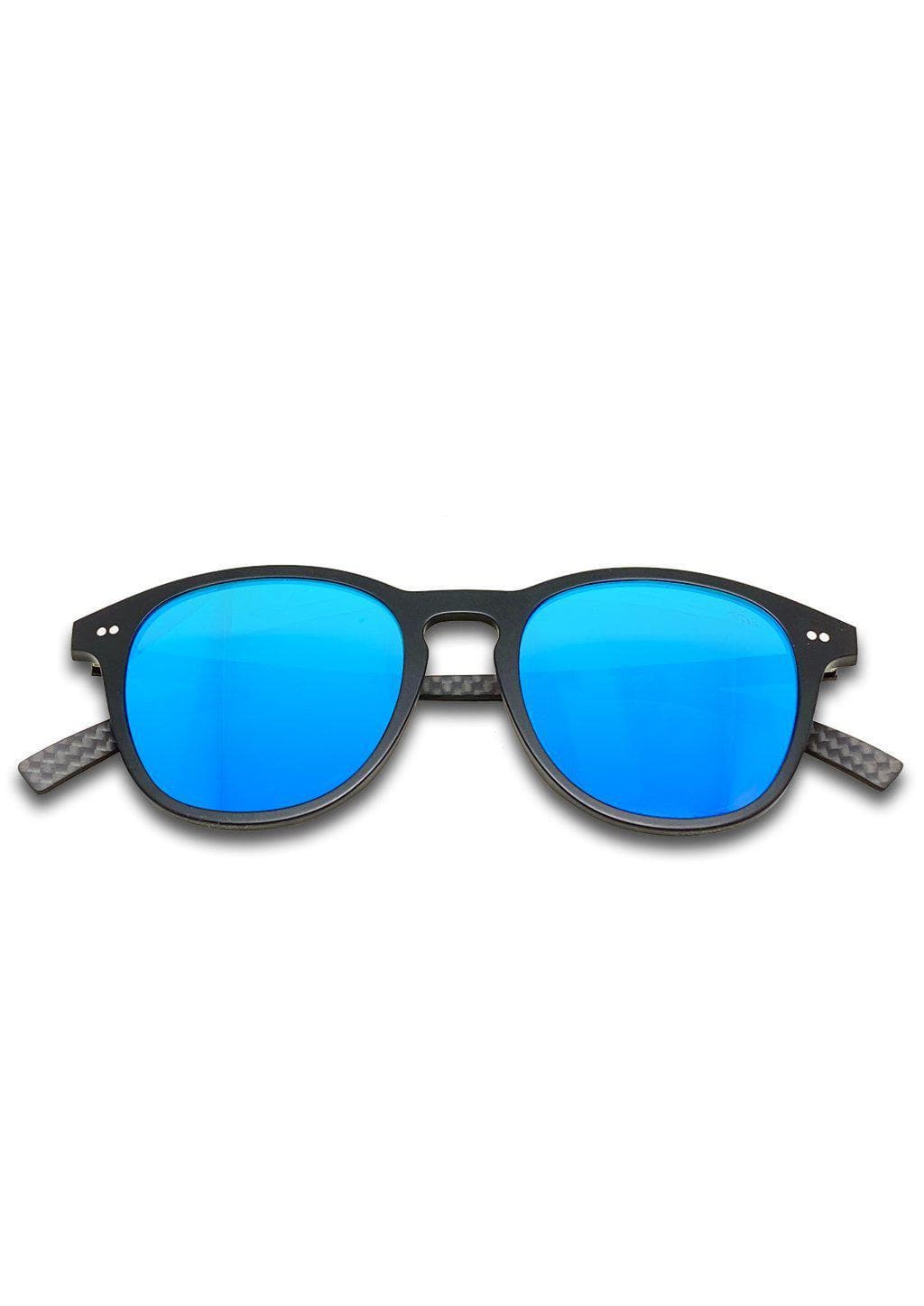 Hybrid - Halo, carbon fiber and acetate sunglasses of the highest quality. Black frame with blue mirror lenses.
