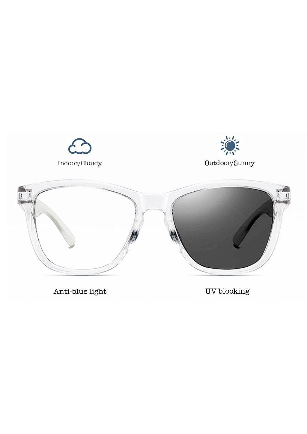 Our Photochromic anti bluelight transparent glasses that work like two in one. Turns dark in the sun and clear inside. 