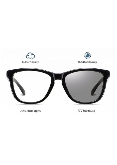 Our Photochromic anti bluelight black glasses that work like two in one. Turns dark in the sun and clear inside. 