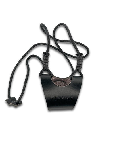 Studio photo of the black leather sunglasses carrier.