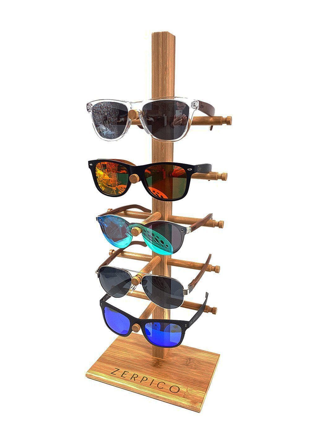 Smaller version of our wooden sunglasses stand. This with sunglasses on it.