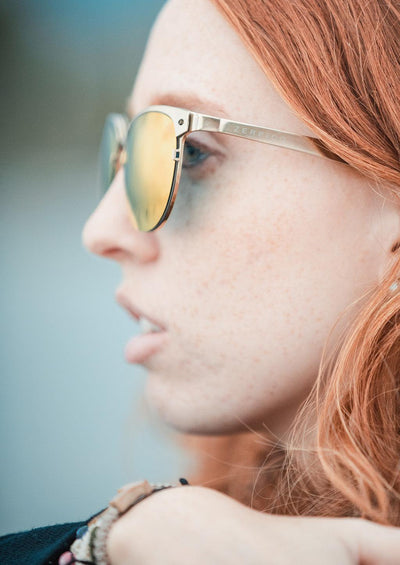 Titan - Titanium Clubmaster Gold Plated Sunglasses V2 - On a female Italian model. Fashion shoot.