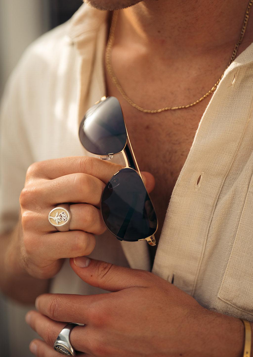 Titan - Titanium Aviator Sunglasses V2 - 24K Gold Plated with real gold. The details on our gold aviators is stunning.