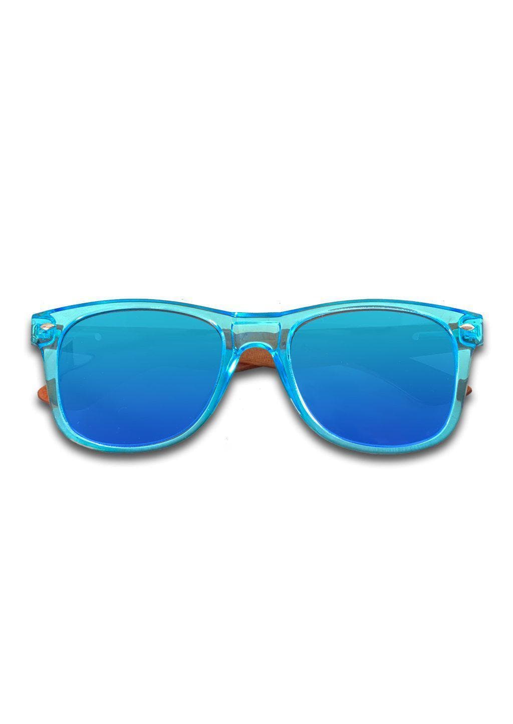 Eyewood Wayfarer - Sapphire - Transparent blue frame with blue mirror lenses and temples made of wood.